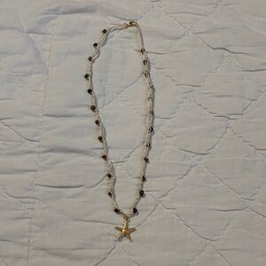 Crochet Gold Starfish Pendant Necklace with Multicolor Accent Beads